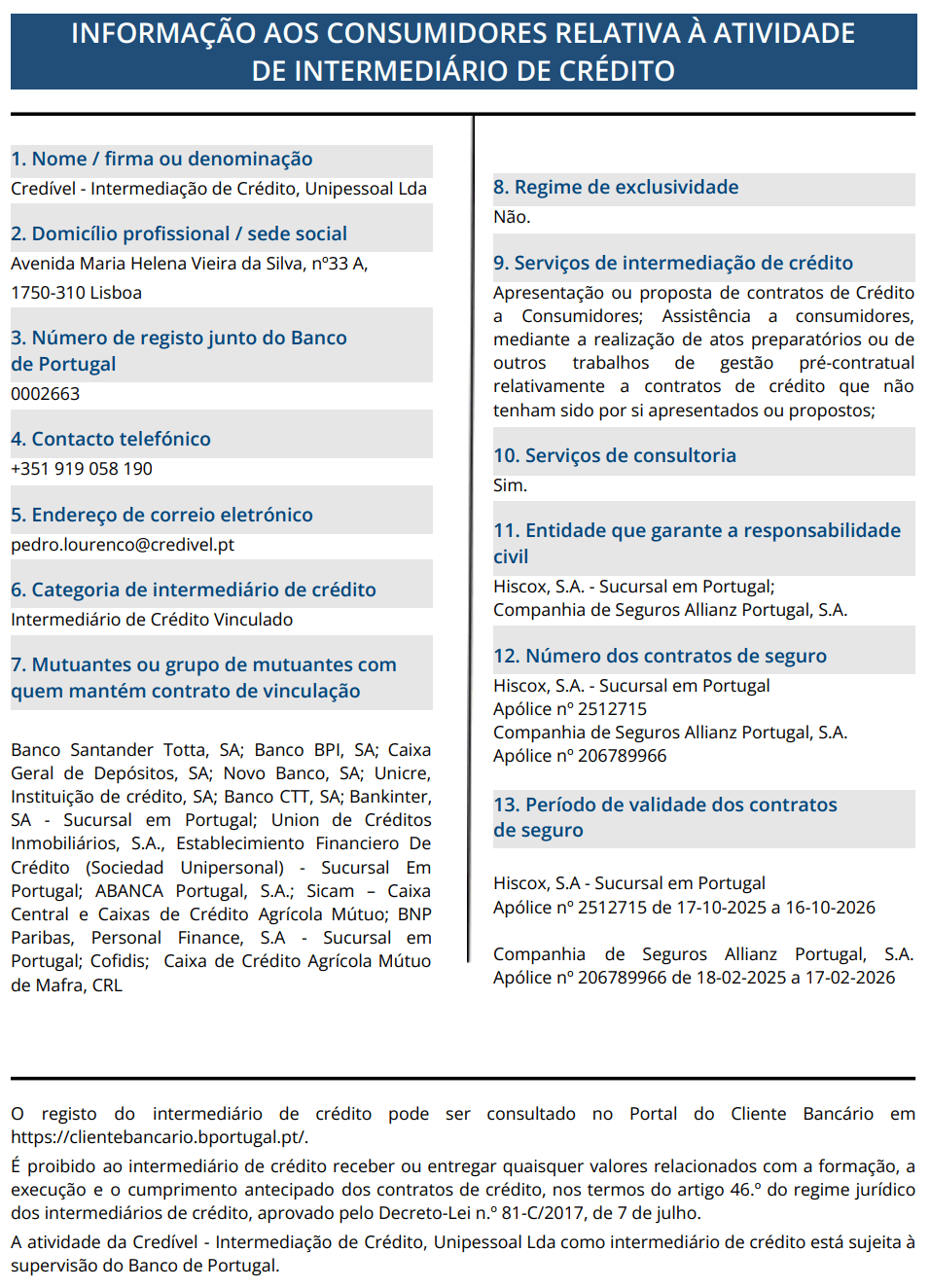 Credível – Intermediação de Crédito, Unipessoal Lda_informação aos consumidores